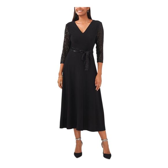 MSK Dresses & Skirts - MSK Womens Black 3/4 Sleeve V Neck Midi Party Fit + Flare Dress XL